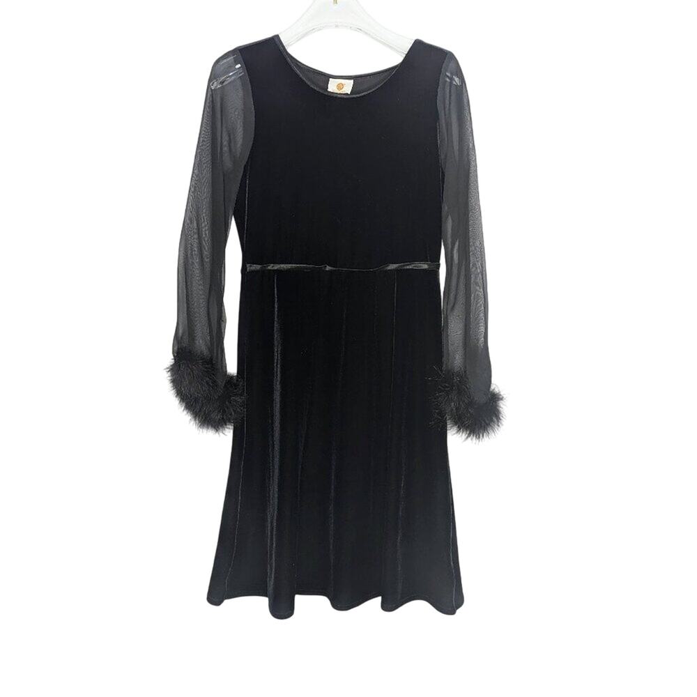Vintage Melodee Black Sheer Long Sleeve Velvet Mini Dress Marabou Feather Trim